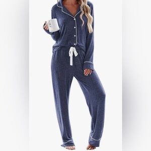 Ekouaer 2XL NWT Blue Button Down Pajama Set Long Sleeve